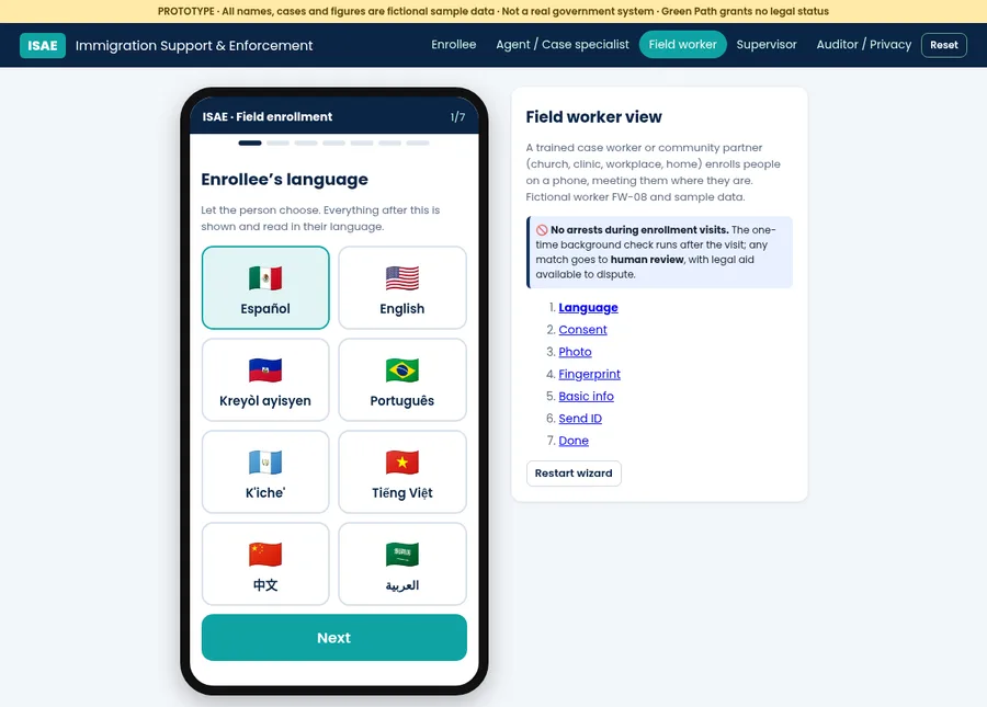 Prototype phone screen with a language picker listing Spanish, English and other languages