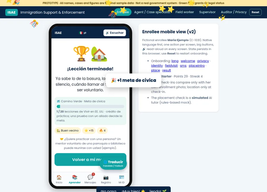 Prototype celebration screen showing Civics milestone progress